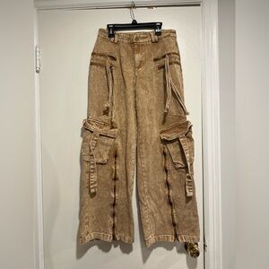 Fashion Nova Sz: S beige washed denim Wide Leg cargo pants Straps zippers